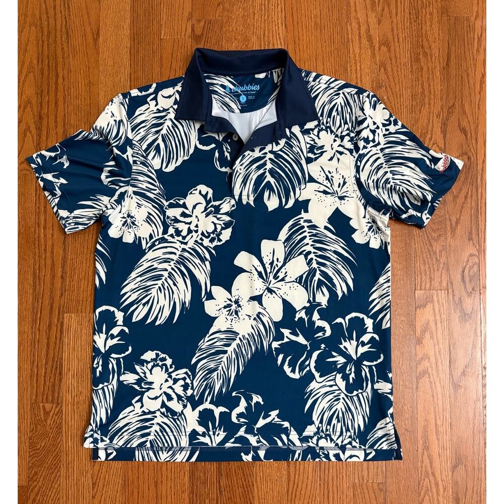 Chubbies Mens‎ Small Performance Polo Shirt Navy Blue White Tropical Floral Palm
